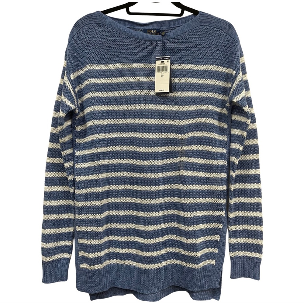 Polo Ralph Lauren Women Blue Striped Linen Boatneck Sweater Size S NWT 99.99$
